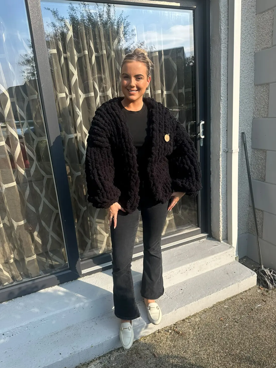 Black Ladies Shacket worn with black jeans and loafers
